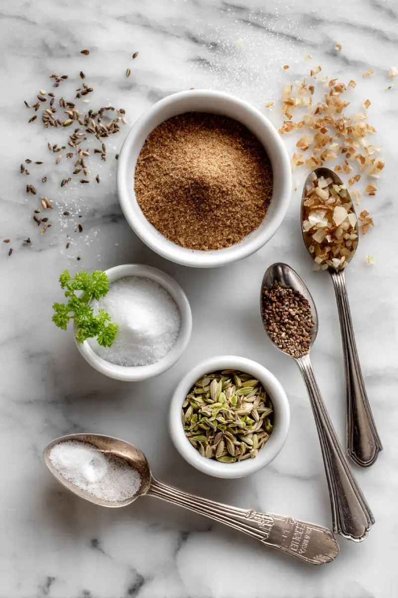 Ingredients for homemade onion soup mix including dried onion flakes, beef bouillon, and spices on white marble