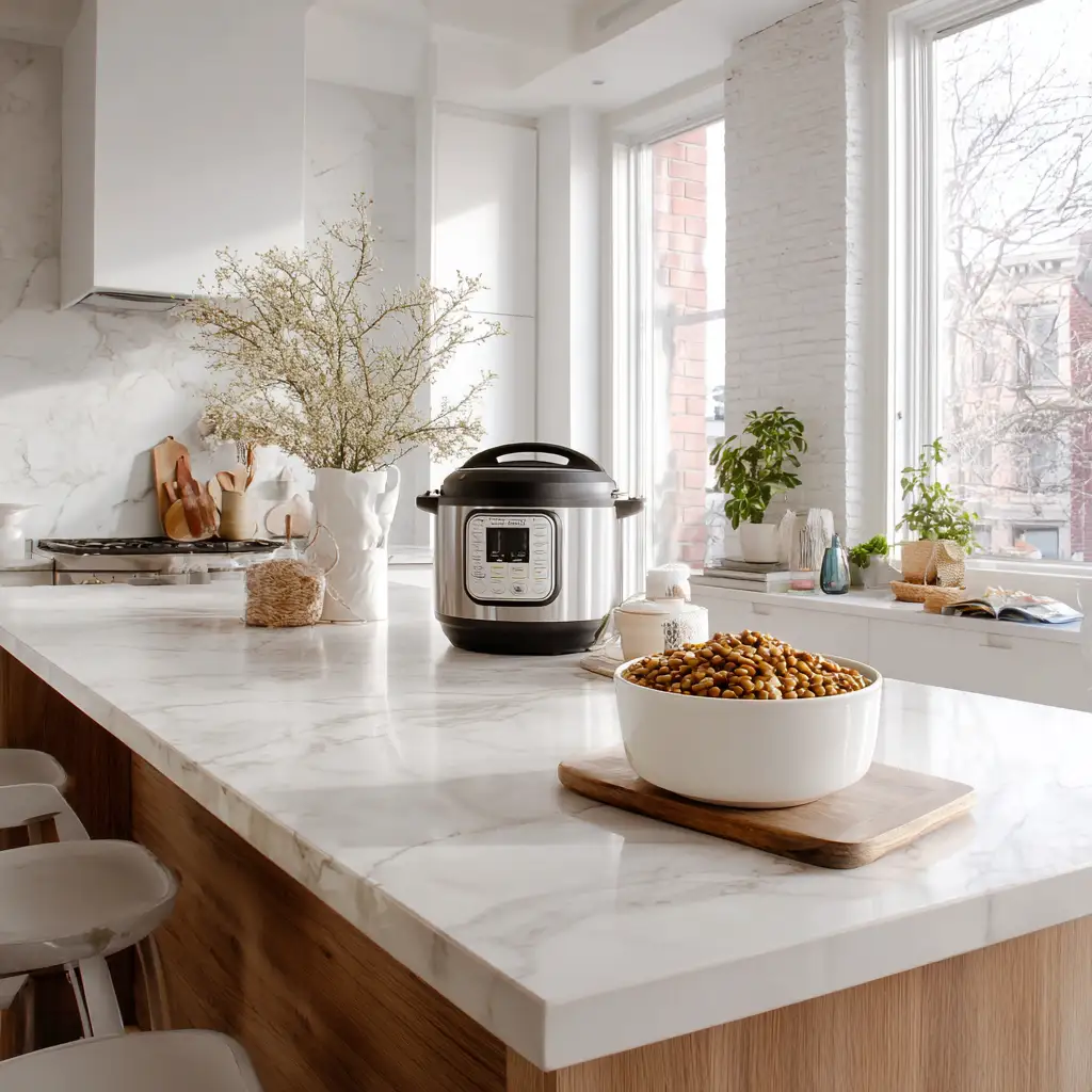 Bowl of Instant Pot lentil stew in modern kitchen