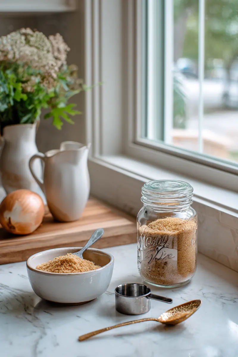 Homemade onion soup mix stored in labeled mason jar with sample portion in bowl