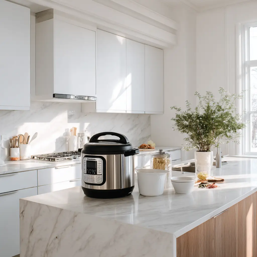 Soup overflow from Instant Pot on modern marble countertop