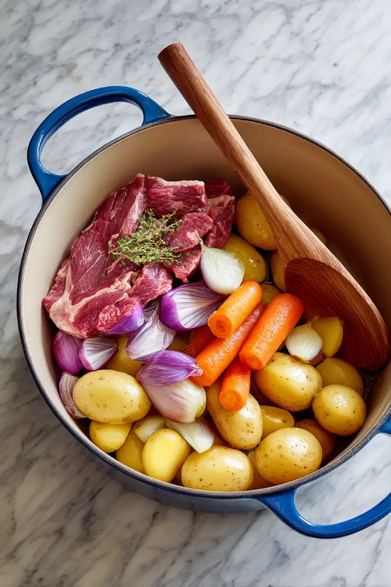 Chuck roast in Dutch oven with carrots, potatoes, and onions before adding Lipton soup mix