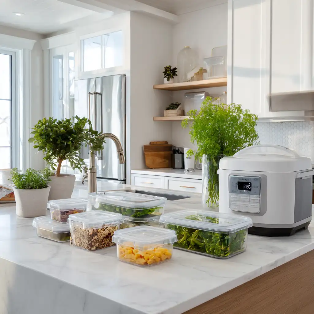 Meal prep containers with Instant Pot dishes in a modern kitchen