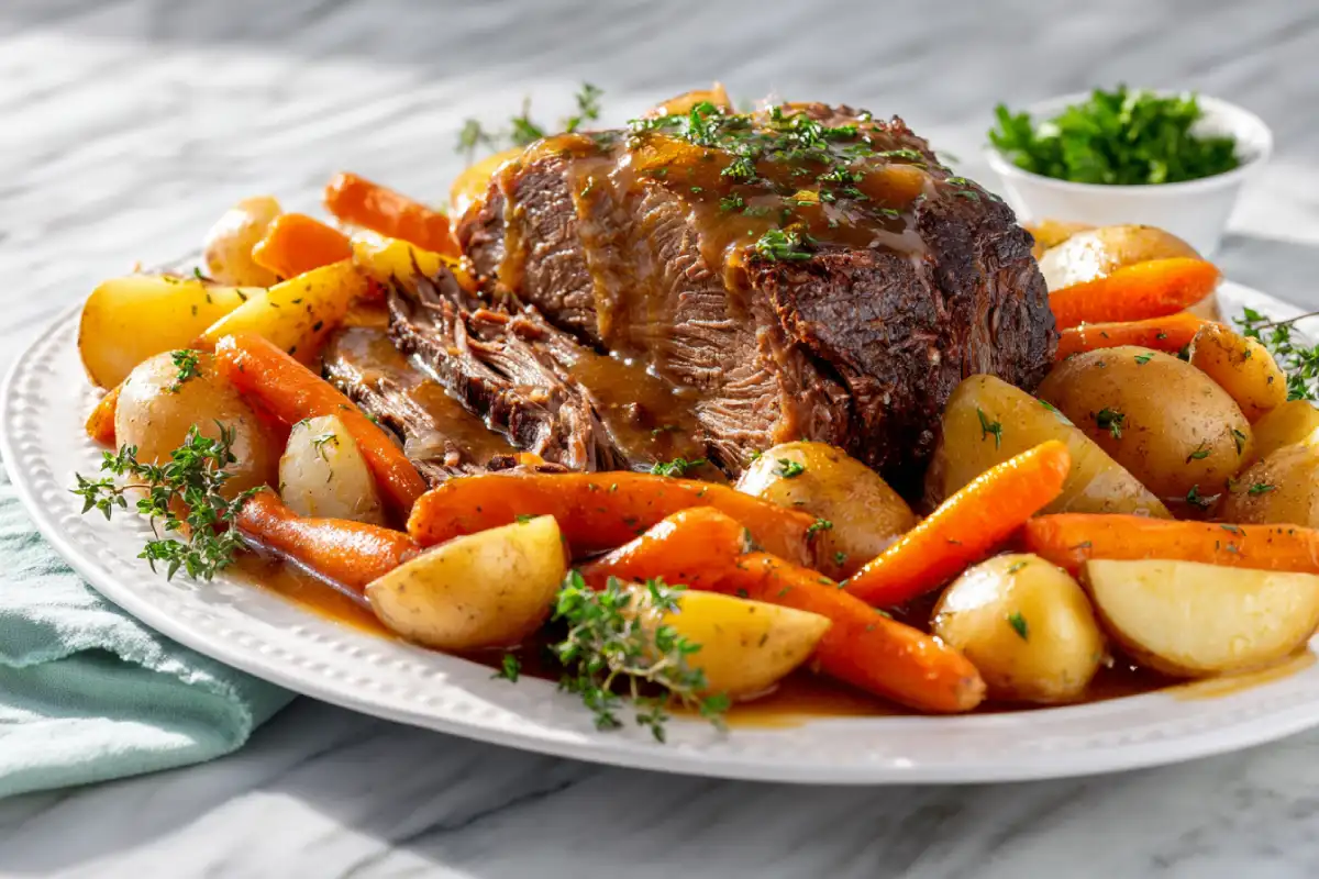 Fork-tender pot roast made with Lipton Onion Soup Mix served with roasted vegetables and gravy