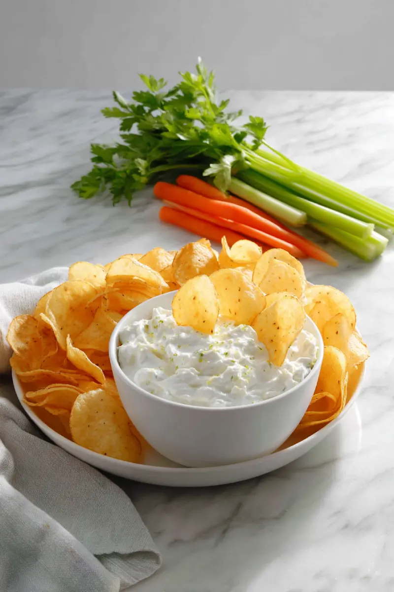 Classic French onion dip made with Lipton soup mix served with potato chips and vegetables