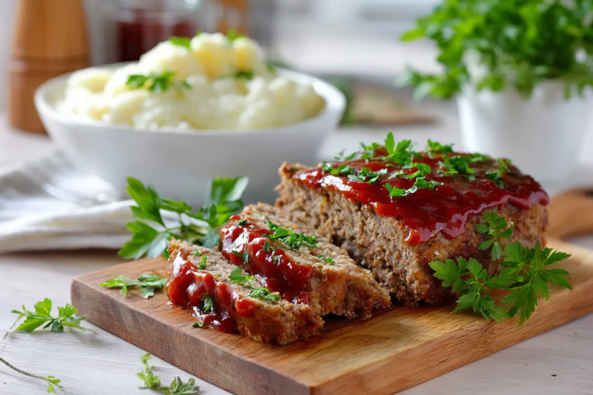 Juicy meatloaf made with Lipton Onion Soup Mix, sliced and ready to serve