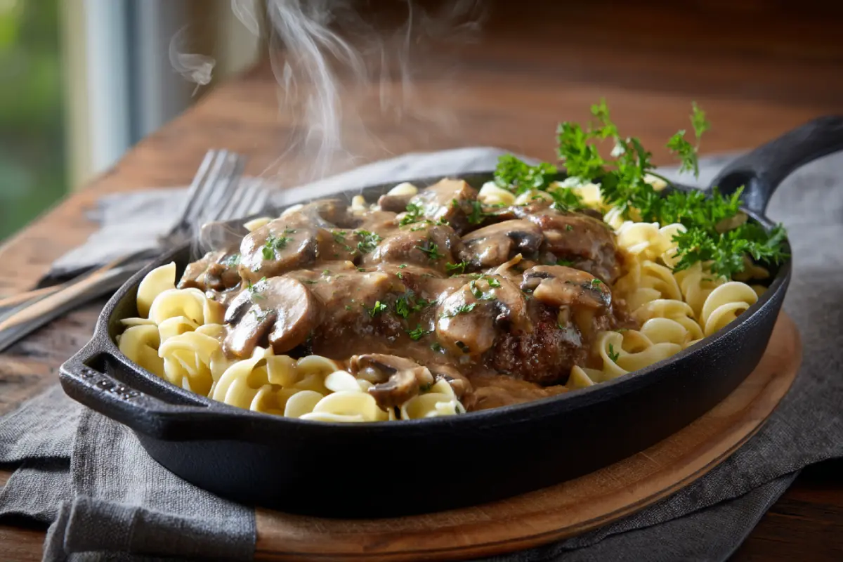 Salisbury steak with mushroom gravy made using Lipton Onion Soup Mix