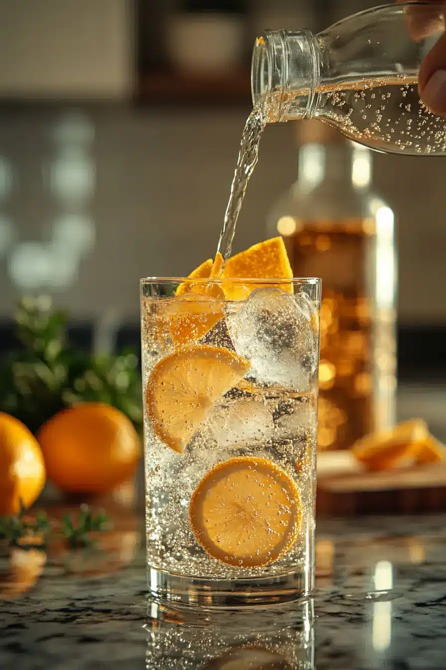 A hand pouring herbal cordial from a glass bottle into a glass of sparkling water with ice and citrus slices.