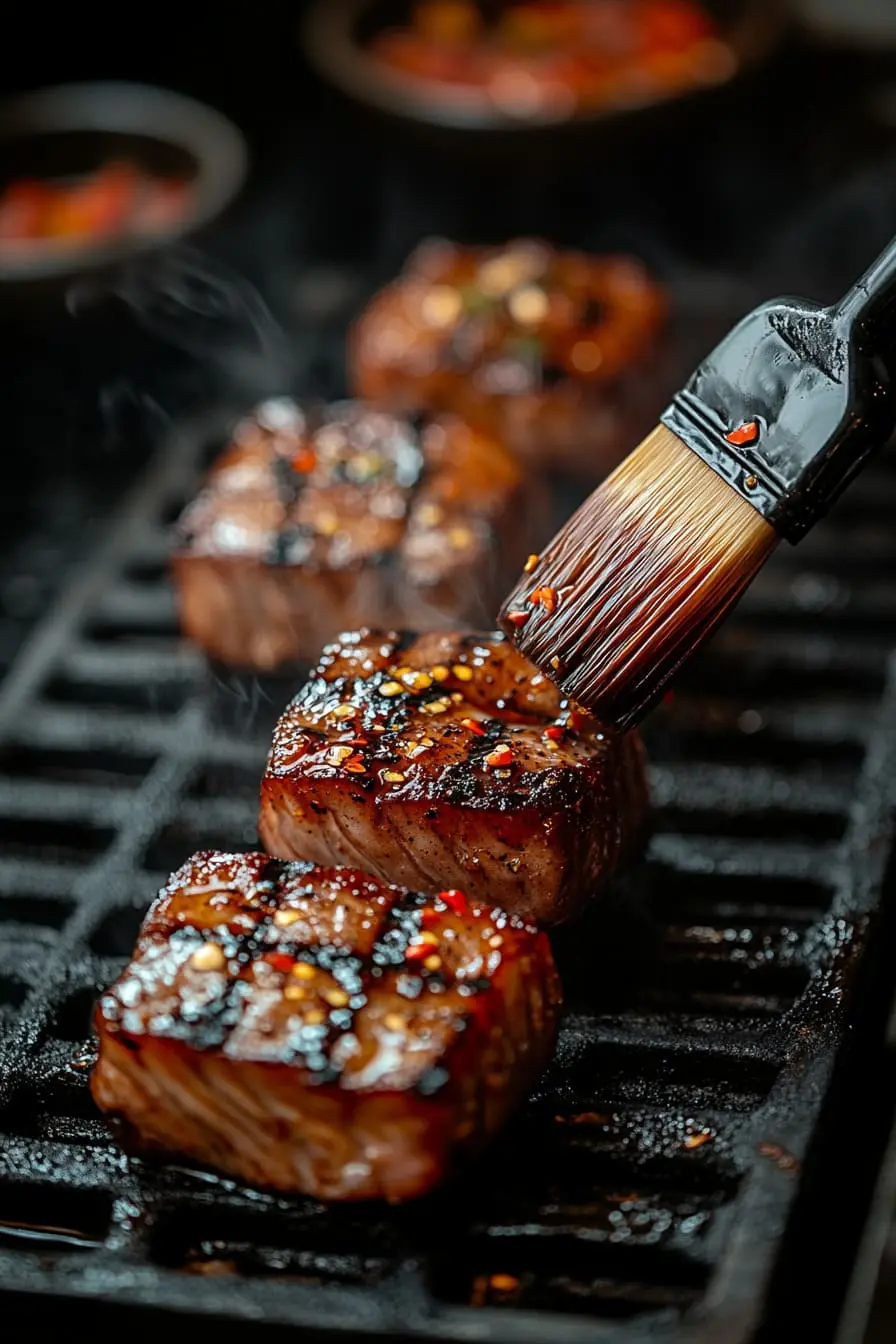 A brush coating seared ahi tuna with a maple glaze on a smoker.