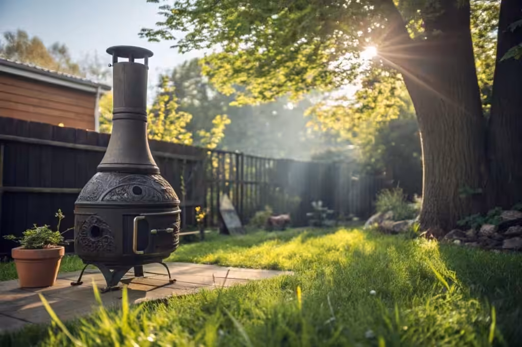 A charcoal smoker in a backyard with smoke rising Charcoal Smoker In Backyard With Smoke Rising Through Trees