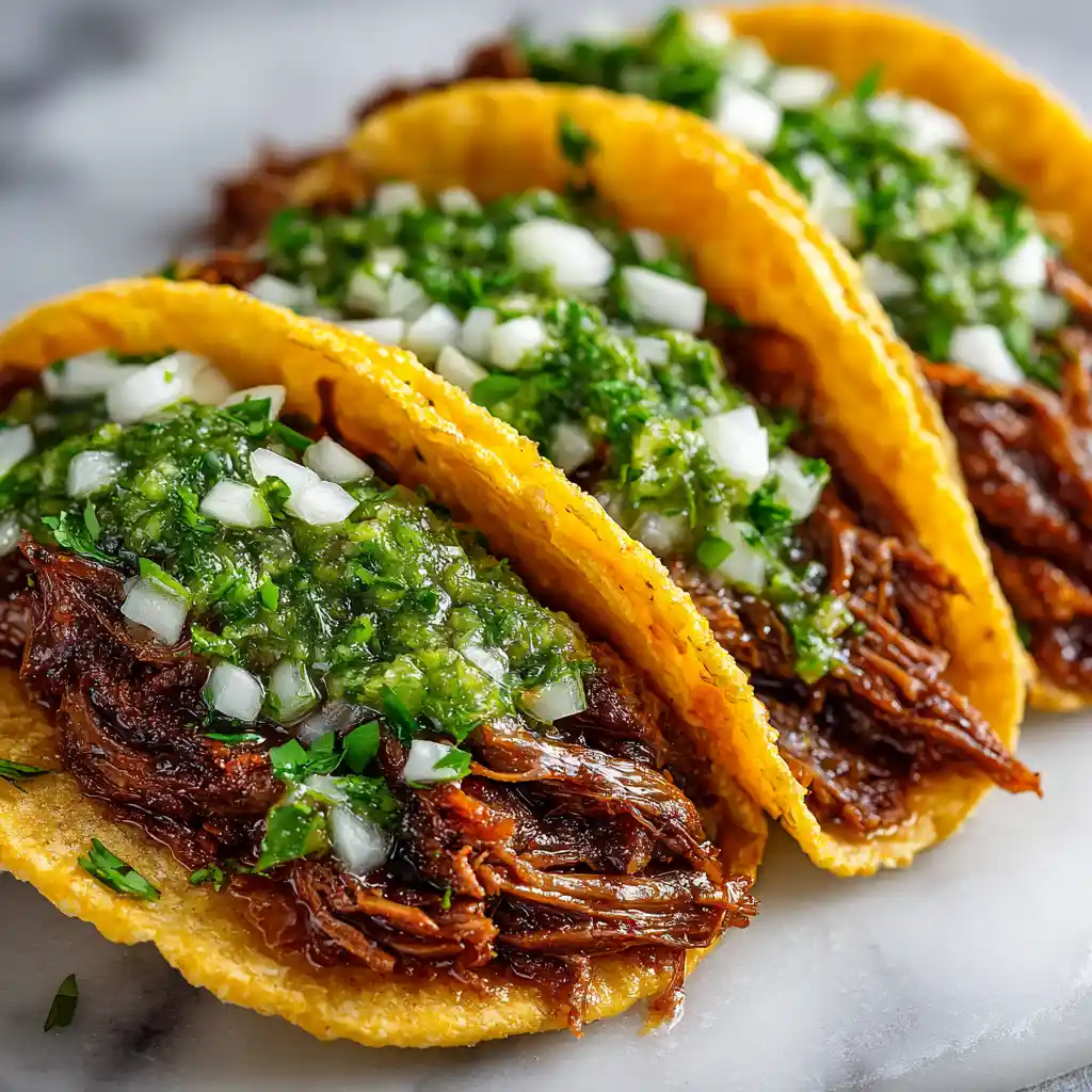 Traditional Mexican tacos barbacoa with dark tender slow-cooked meat and salsa verde