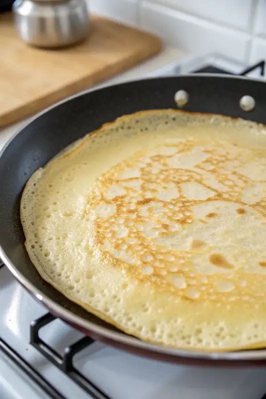 Bavarian crepes cooking in non-stick pan with golden edges