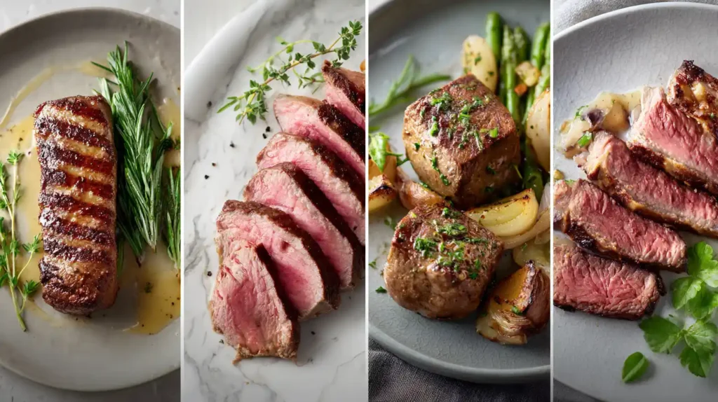 Hero image for the Beef and Steak Recipes Guide showing four variations of beef dishes on a white marble countertop.