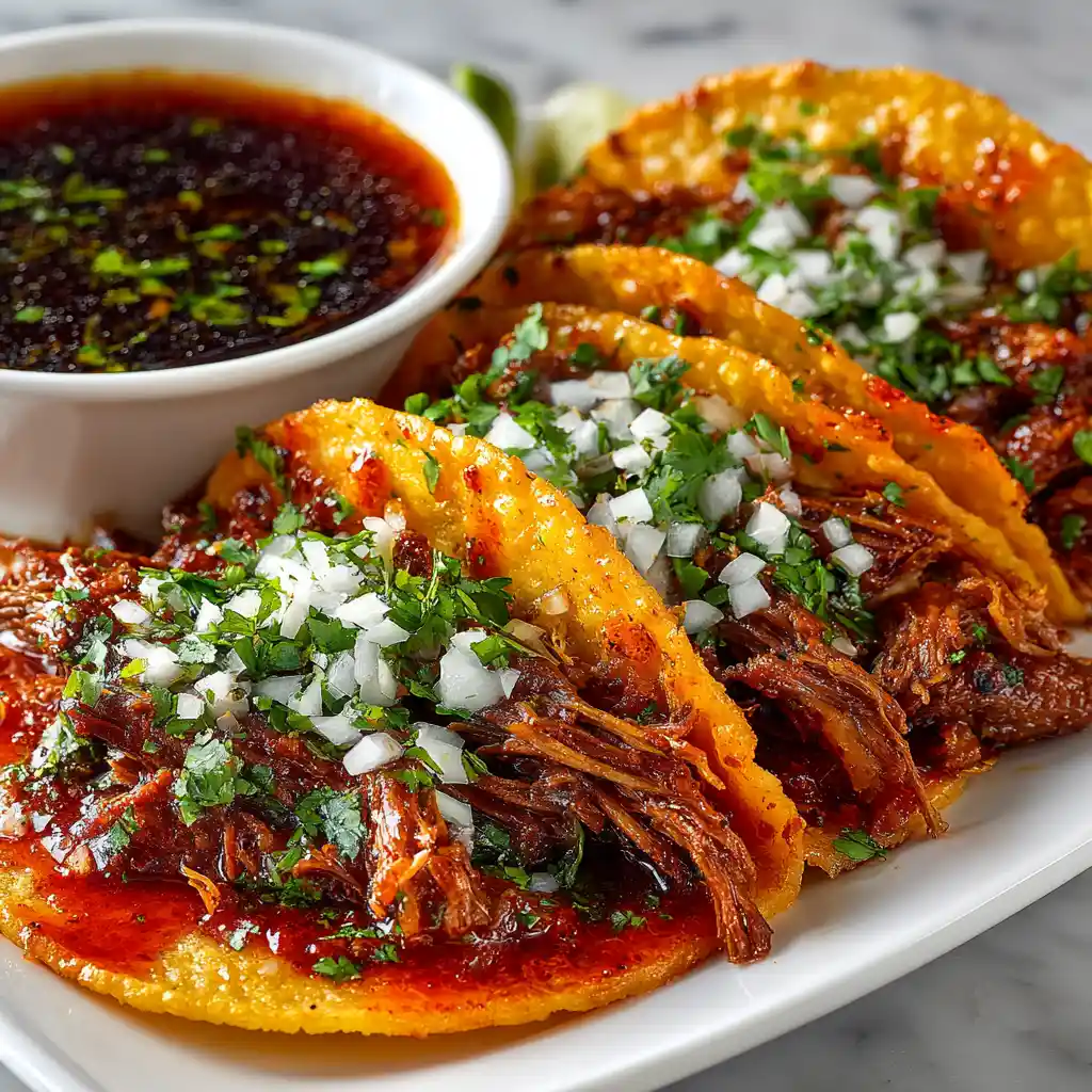 Traditional Mexican tacos birria with red-sauced meat and consommé dipping bowl