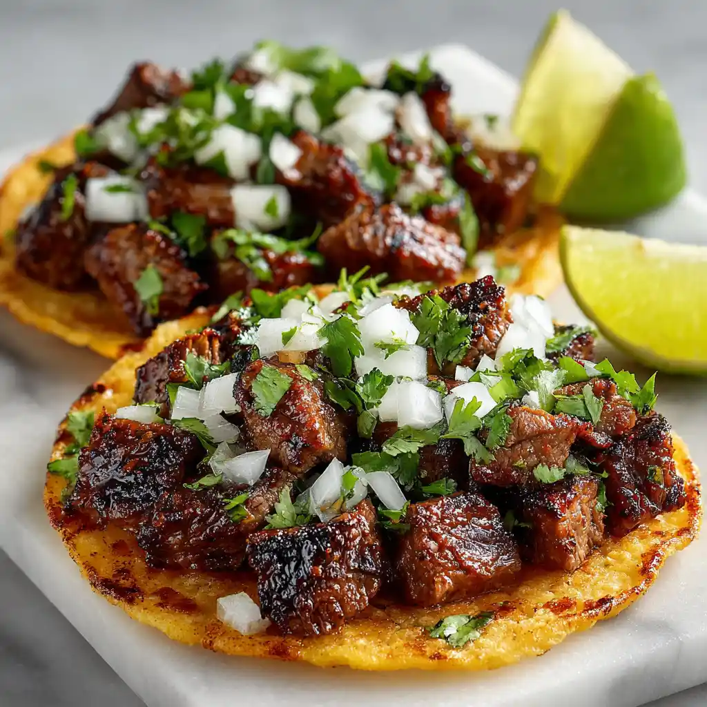 Traditional Mexican tacos bistec with seasoned grilled steak pieces