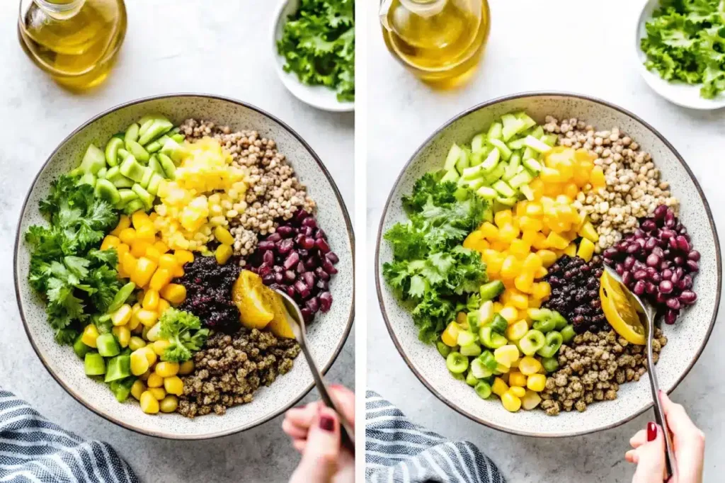 Step by step mixing ingredients for best quinoa salad in large bowl on white marble