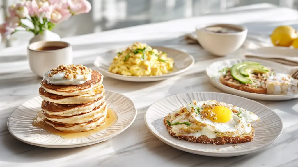 Hero image for Breakfast Recipes Guide featuring four clean breakfast variations on a white marble countertop.