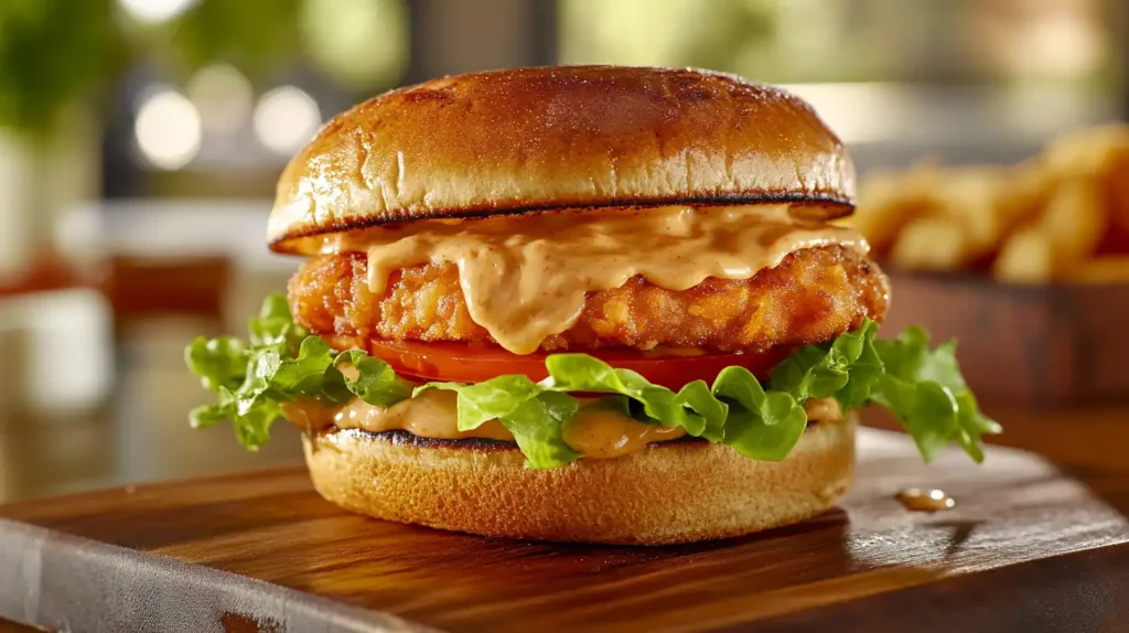 Juicy burger with Cane's sauce spread on the bun with lettuce and tomato.