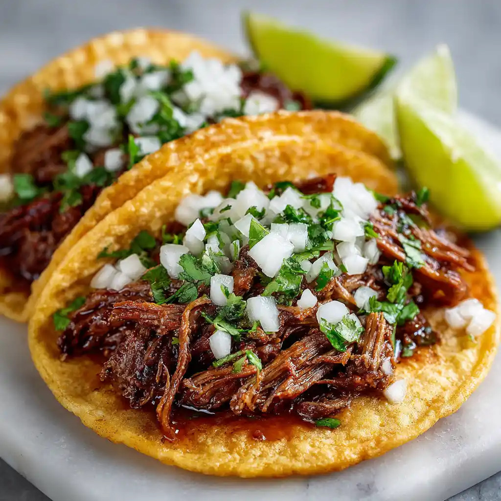 Traditional Mexican tacos cabeza with pale ultra-tender braised beef cheek meat