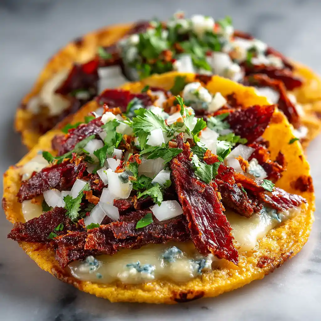 Traditional Mexican tacos campechano with thin sliced dried beef cecina and melted cheese