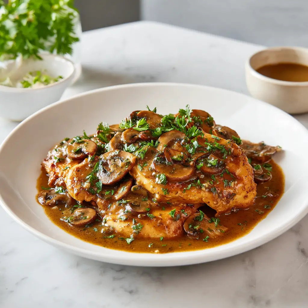 Chicken Marsala without wine served with a savory mushroom sauce and fresh herbs on a white marble counter