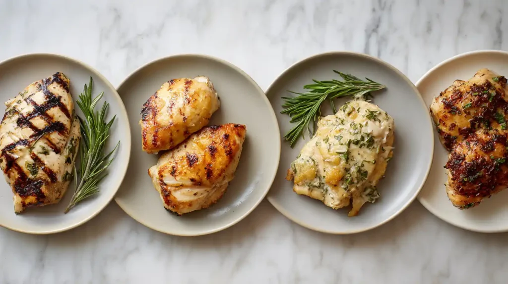 Hero image for Chicken Recipes Guide showing four different chicken dishes on a white marble countertop.