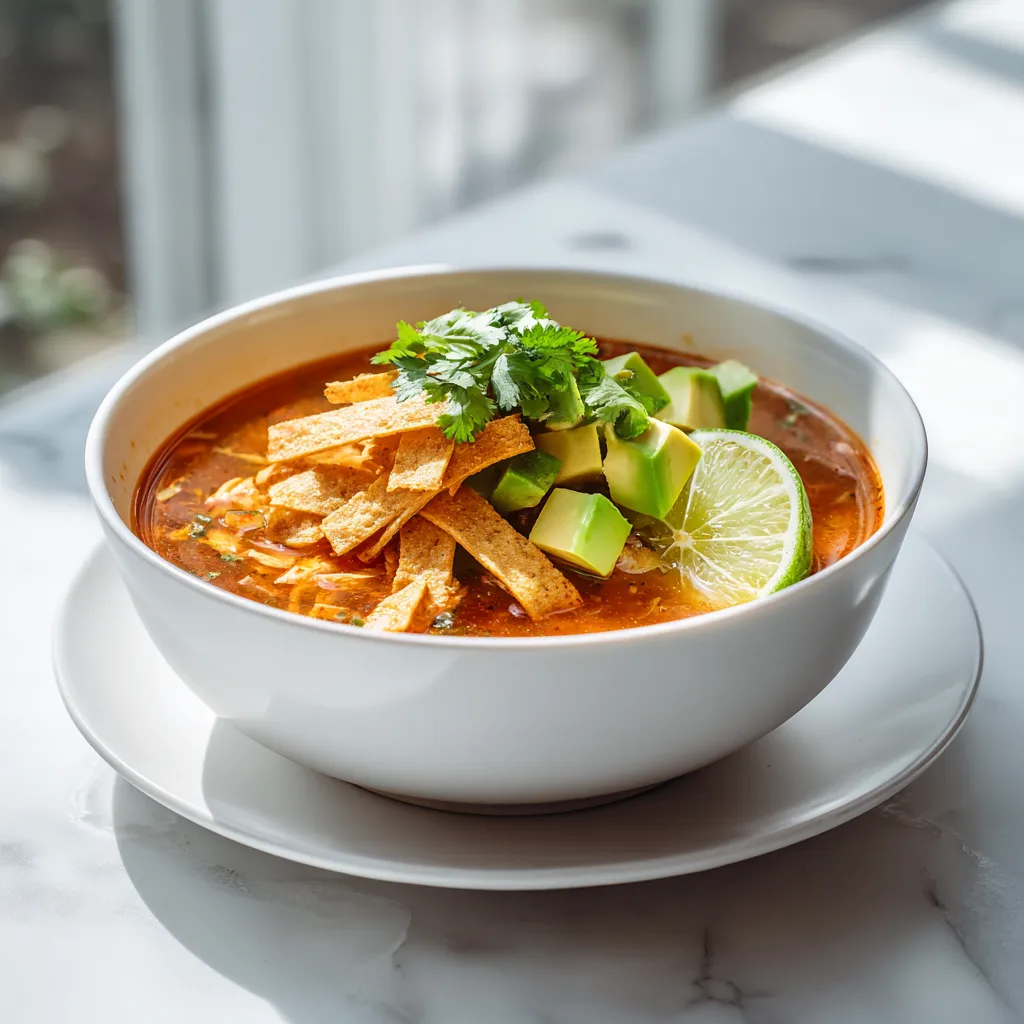 Chicken tortilla soup topped with crispy tortilla strips, avocado, and cilantro on a white marble kitchen counter