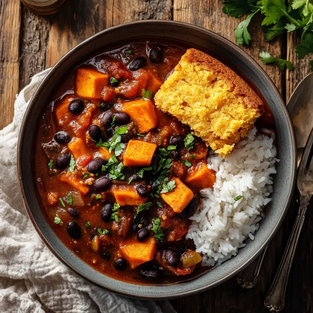 Steaming bowl of vegan sweet potato and black bean chili with cornbread and rice on white marble counter