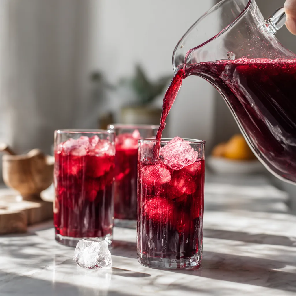 chilled family sorrel drink recipe being poured into tall glasses over ice