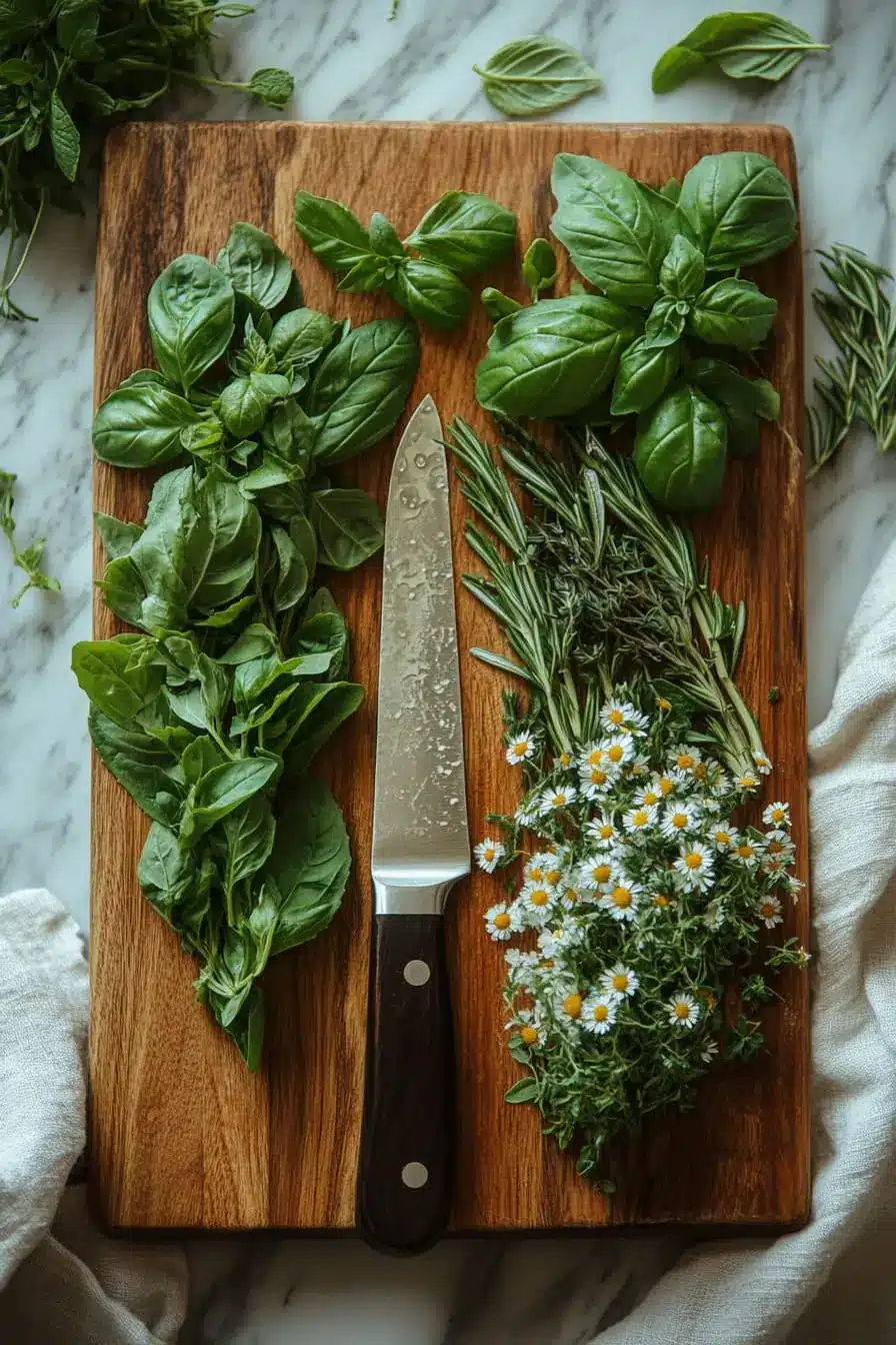 A variety of fresh herbs including mint, chamomile, basil, and rosemary, neatly arranged on a wooden cutting board.
