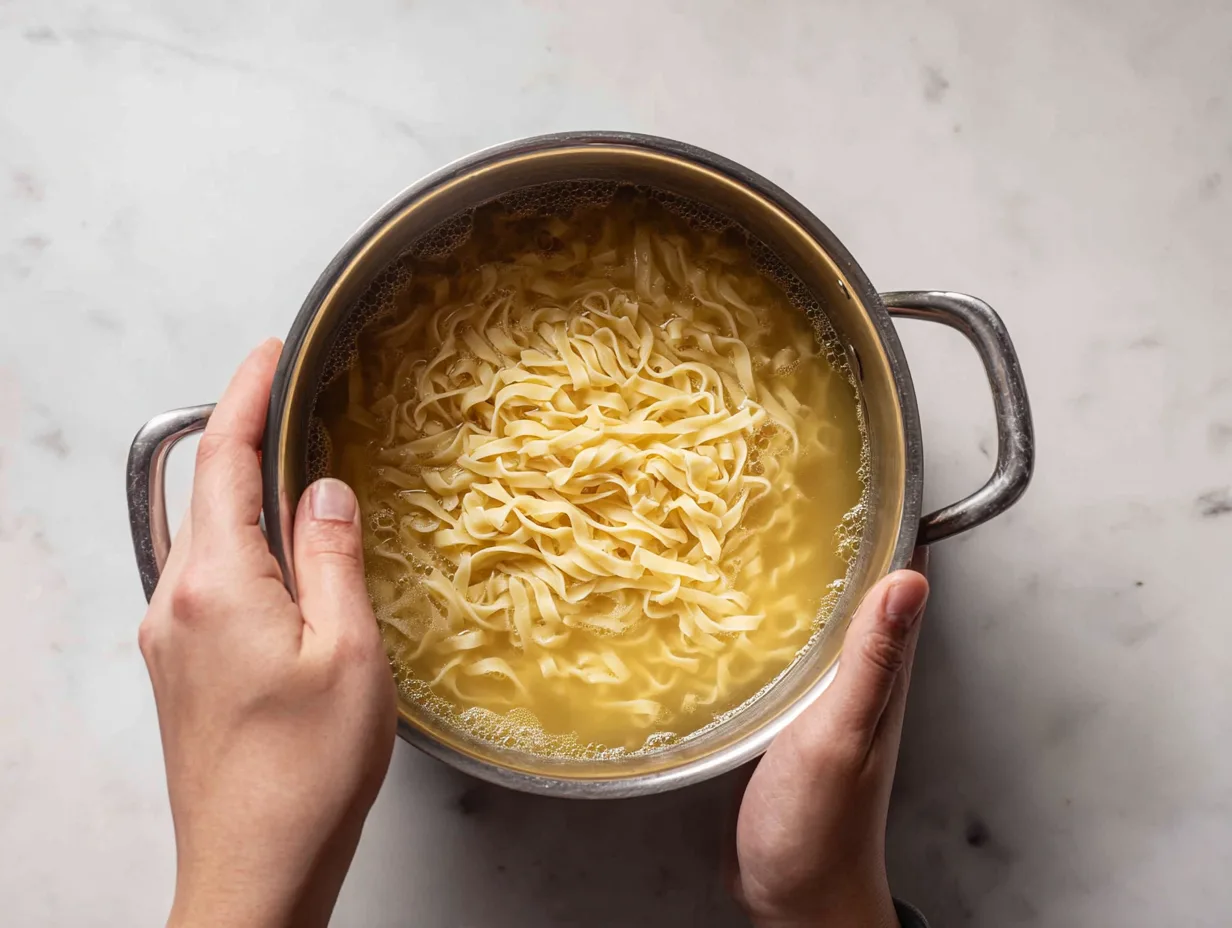 Classic Chicken Soup step adding egg noodles into hot broth