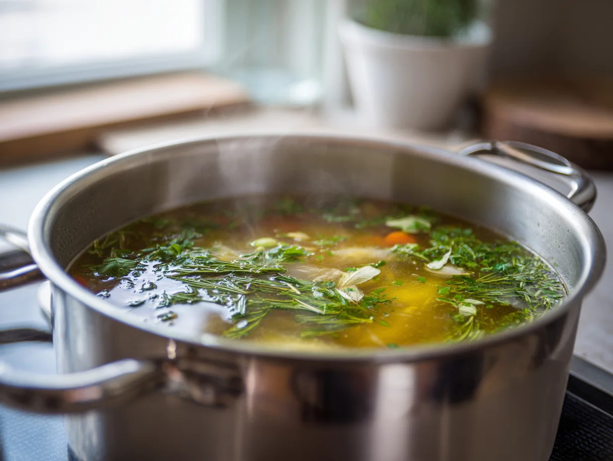 Classic Chicken Soup simmering in a pot with vegetables and herbs in clear golden broth