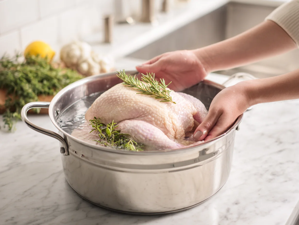 Classic Chicken Soup step showing hands placing a whole chicken into a pot of cold water on a marble countertop