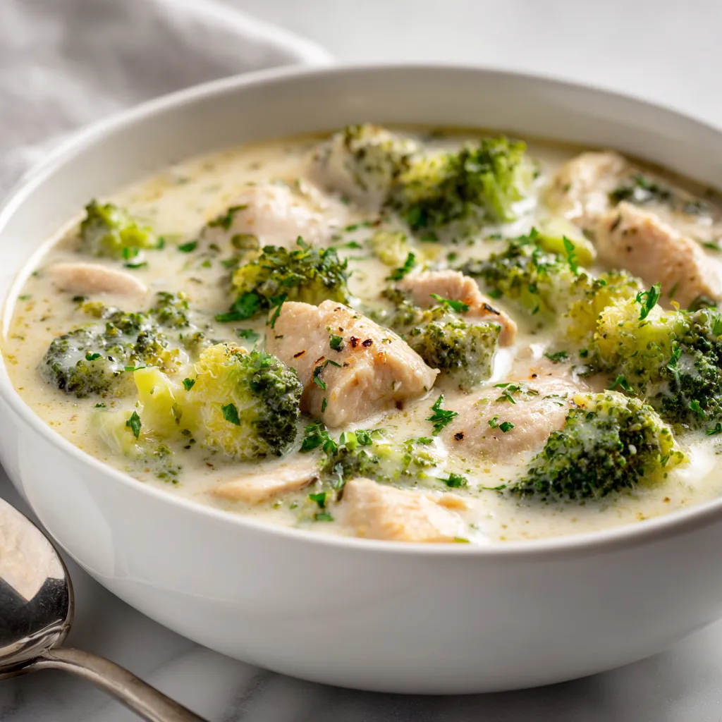 Creamy chicken broccoli soup served in a bowl with tender chicken, soft broccoli, and a rich broth on a marble counter