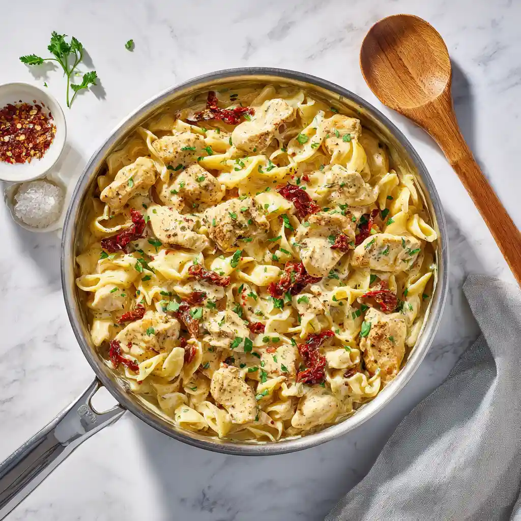 Creamy marry me chicken pasta with sun-dried tomatoes served in a skillet on a marble kitchen counter