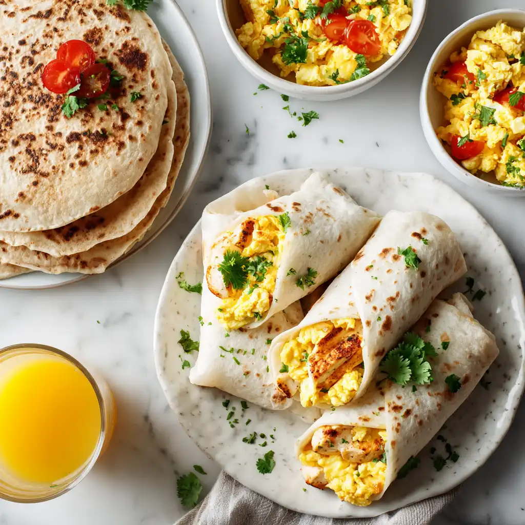Chicken breakfast wraps and scrambles served on a white marble countertop with fresh herbs and vegetables