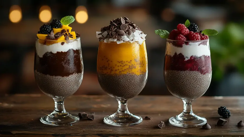 Multiple glass jars with creative chia seed pudding variations and colorful toppings on white marble counter
