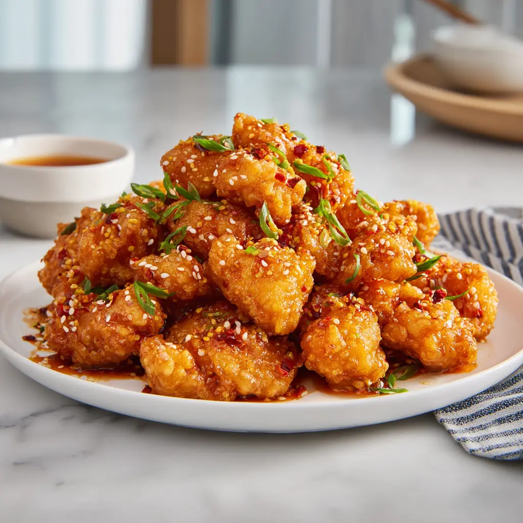 Crispy bang bang chicken pieces coated in a creamy sweet and spicy sauce on a white marble countertop