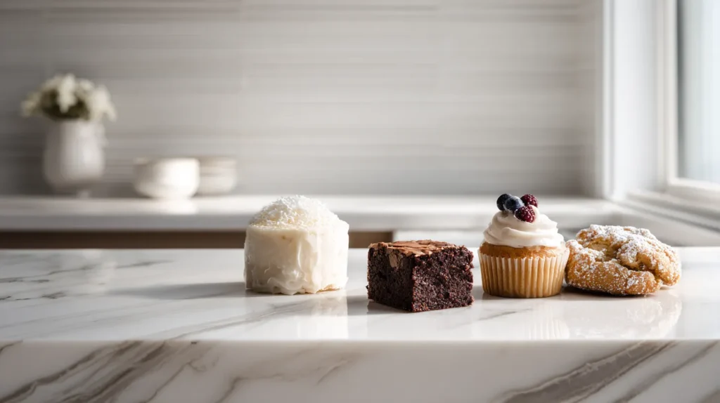 Hero image for the Dessert Recipes Guide showing four simple homemade dessert variations on a white marble countertop.