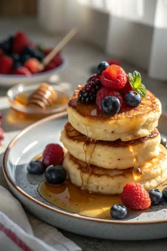 Cottage cheese pancakes stack berries honey white plate