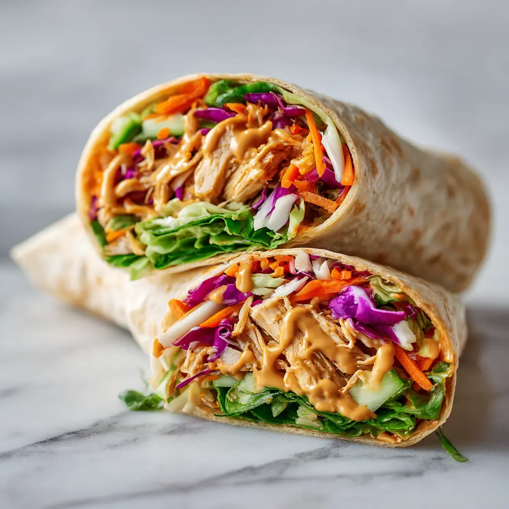 Thai peanut chicken wraps filled with tender chicken, crisp cabbage, and creamy peanut sauce on a white marble counter