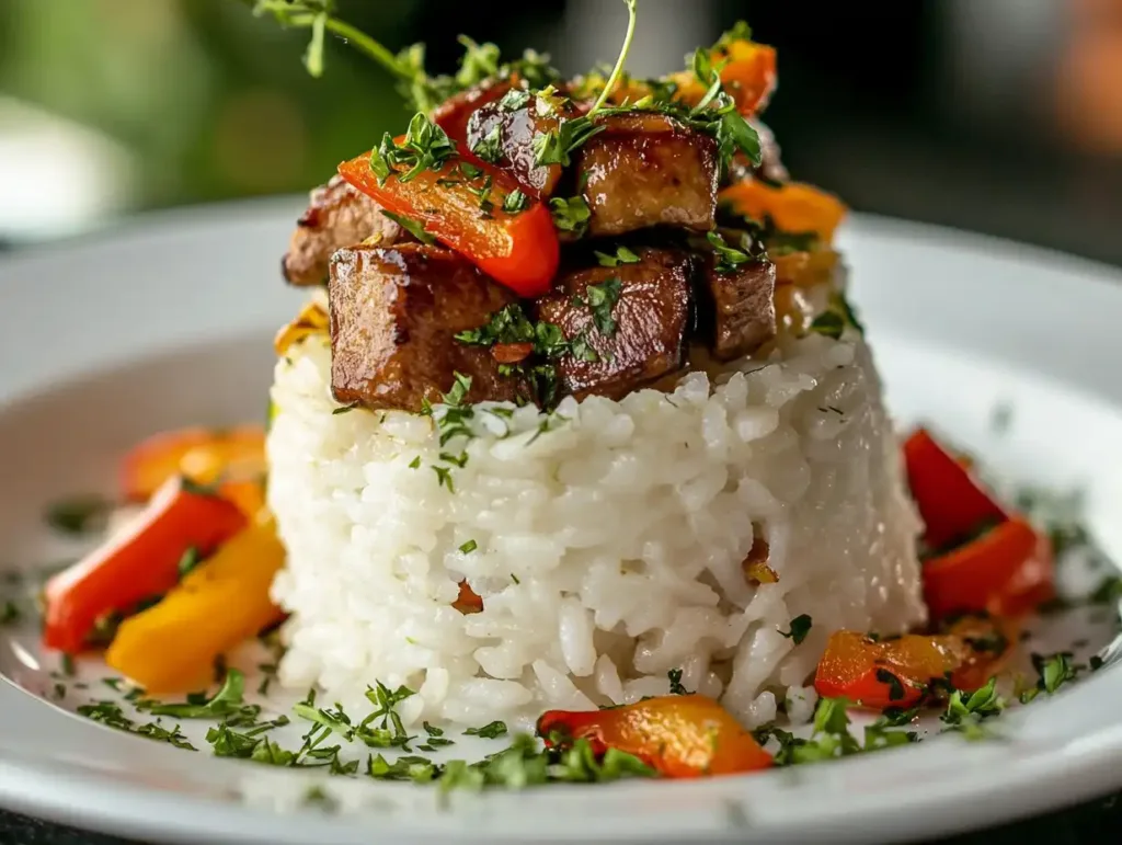 A beautifully plated gluten-free rice dish garnished with fresh herbs and vegetables.