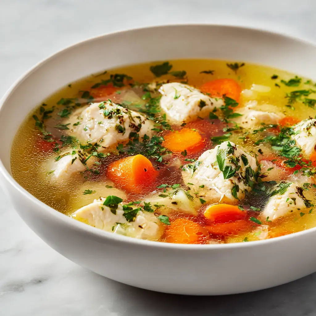 A comforting bowl of Grandma's classic chicken soup with tender chicken, carrots, and celery on a marble kitchen counter