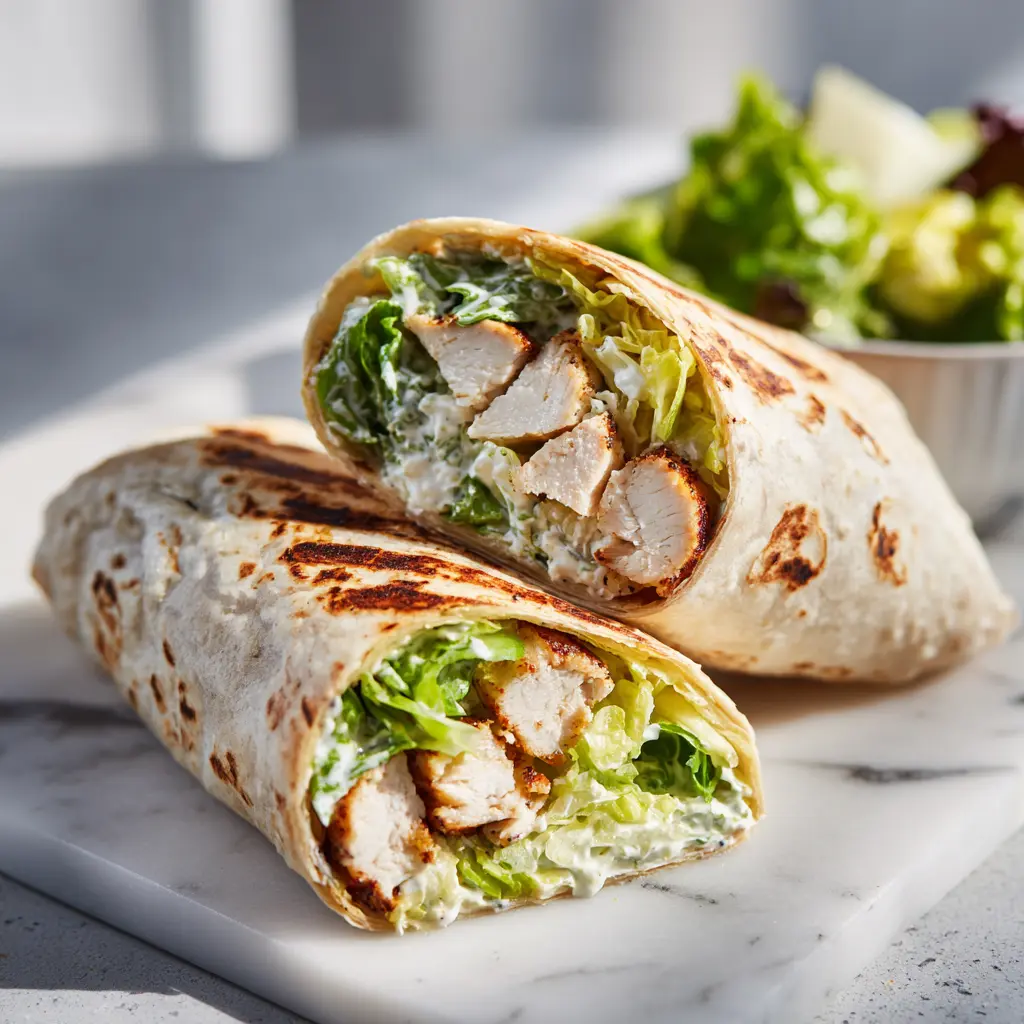 Grilled chicken Caesar wrap with fresh lettuce and balanced nutrition on white marble countertop