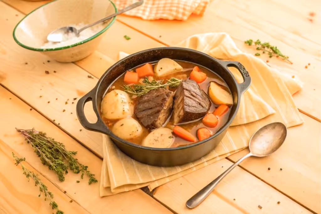 Tender braised arm roast in cast iron pot proving it's not tough
