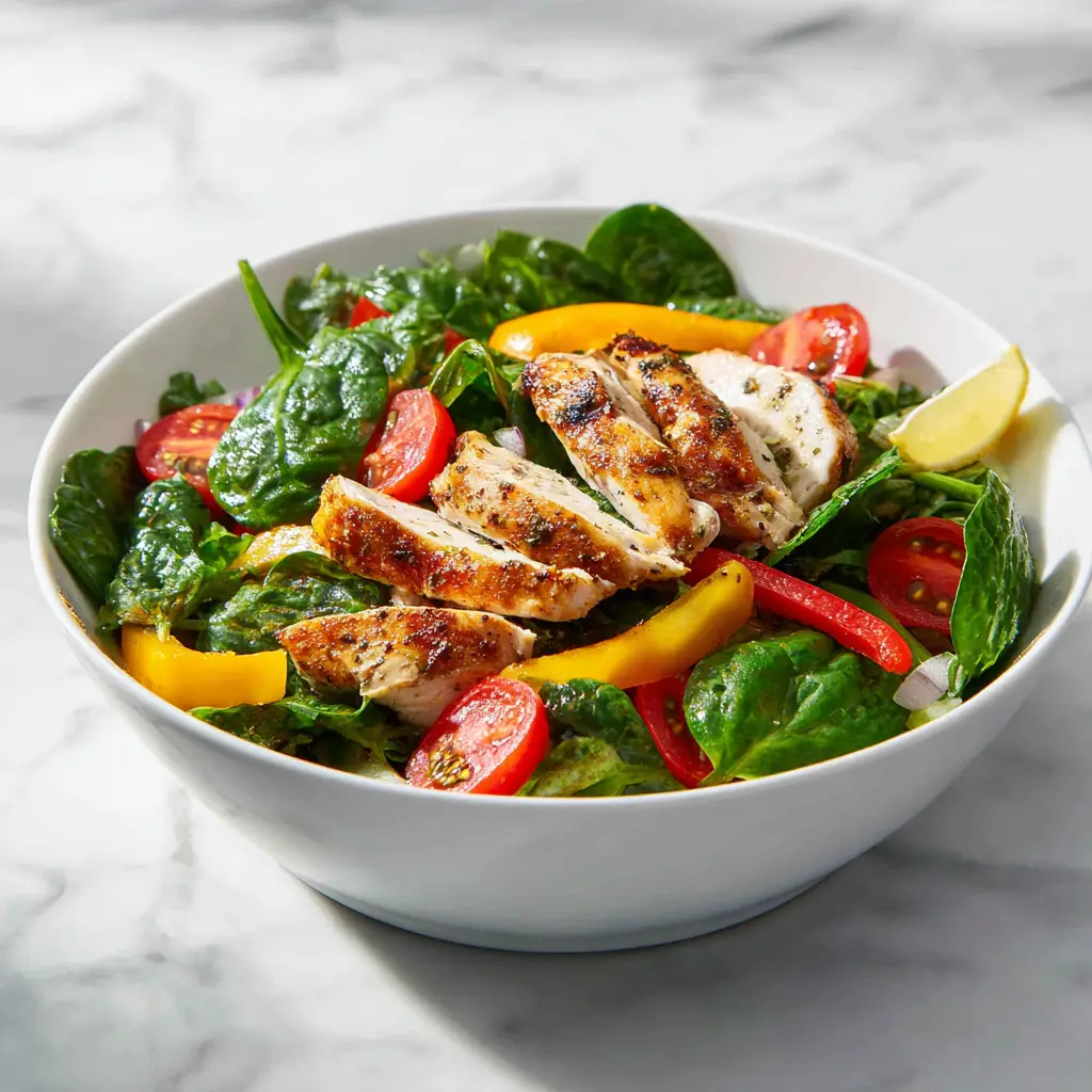High-protein chicken and spinach salad with grilled chicken, fresh spinach, and vibrant vegetables on a white marble counter