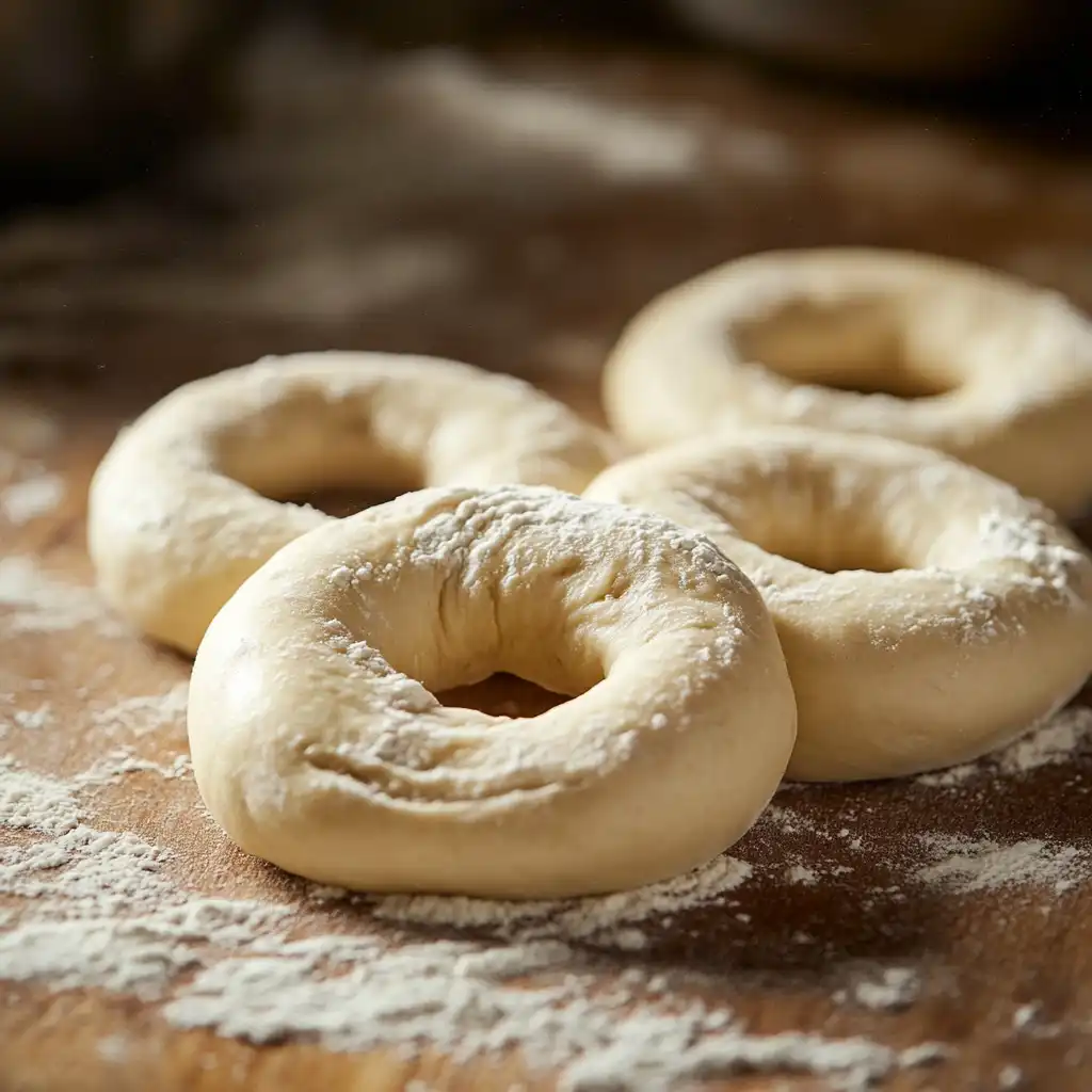 Freshly shaped homemade whole wheat bagels on floured surface ready to be boiled and baked