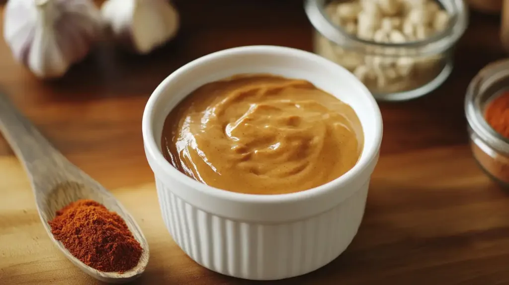 Bowl of homemade Cane's sauce with ingredients like mayo and ketchup around it.