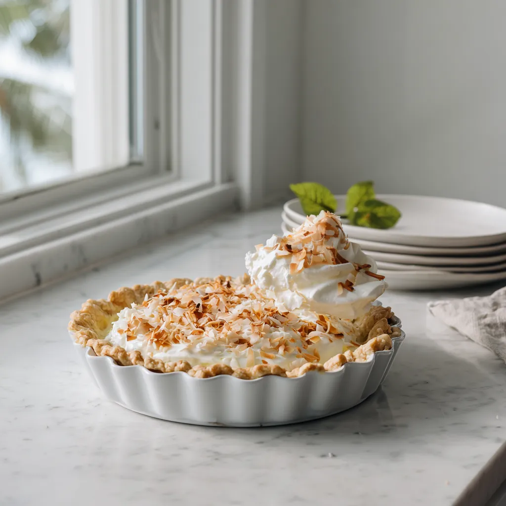 Step 4 homemade coconut cream pie being assembled with whipped cream topping