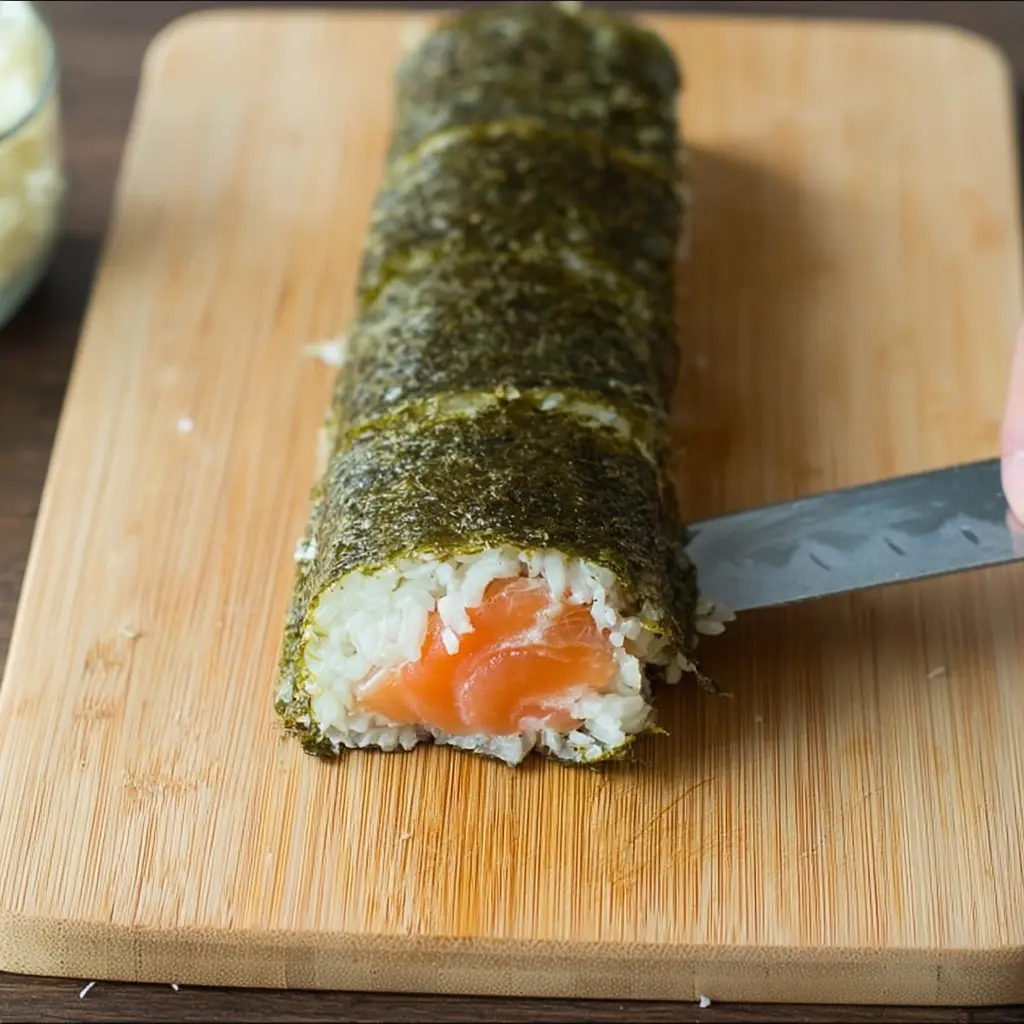 Homemade sushi roll sliced into even pieces with salmon filling