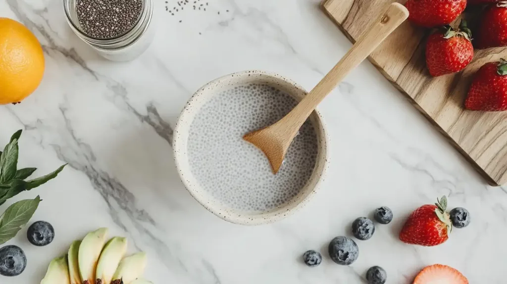 Step-by-step ingredients and preparation for chia seed pudding with almond milk on white marble counter